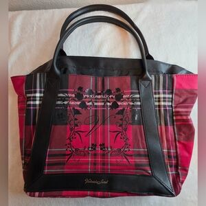 Victoria's Secret Pink Plaid Tote with Black Trim and Floral Accent
